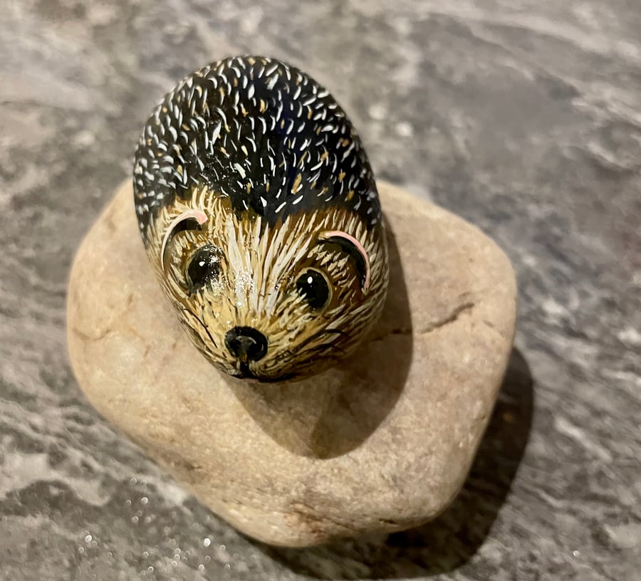 Hedgehog hand painted pebble garden rock art stone pet 