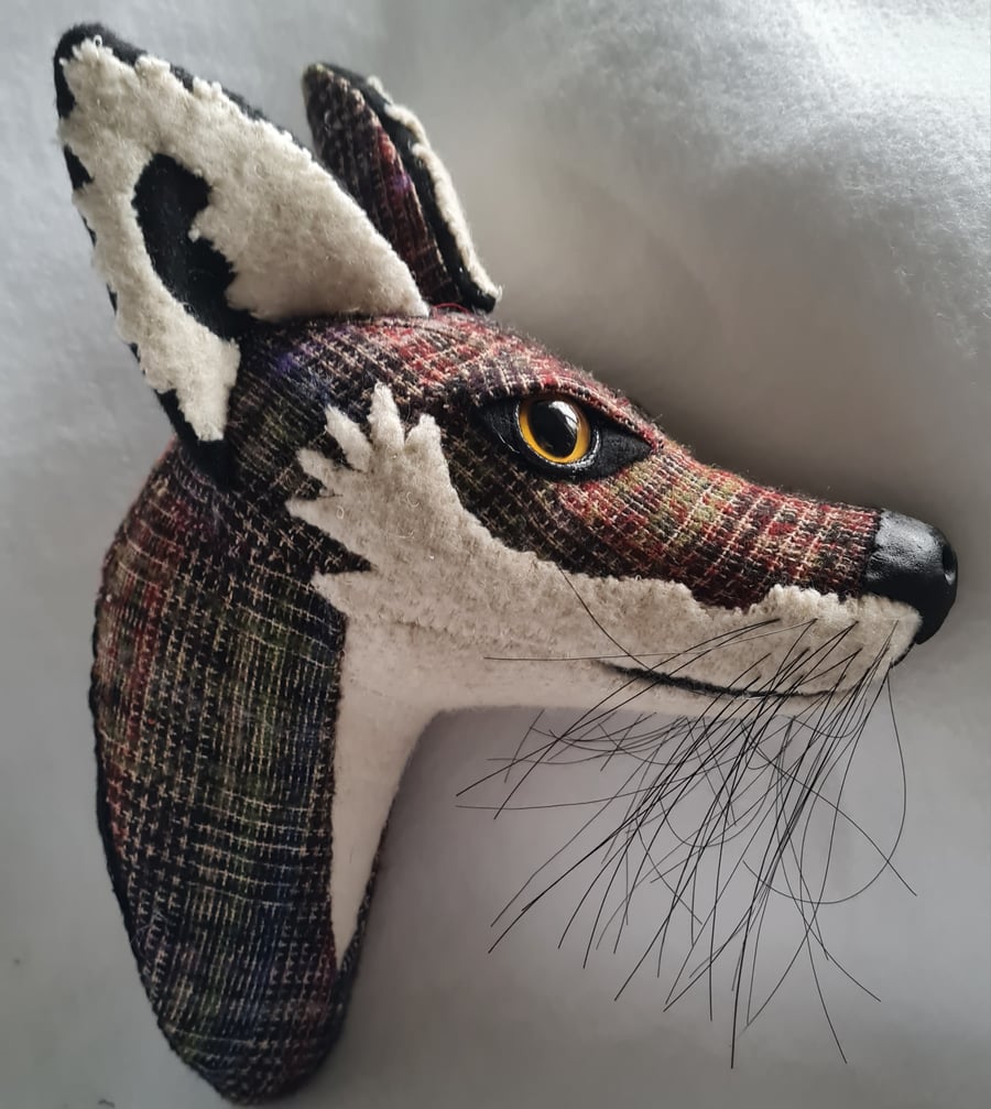 Faux fox wall mount in checked multi coloured tweed