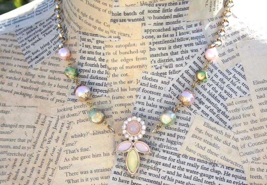 Pastel Pink Green Gold Acrylic Flower 80s Inspired Necklace