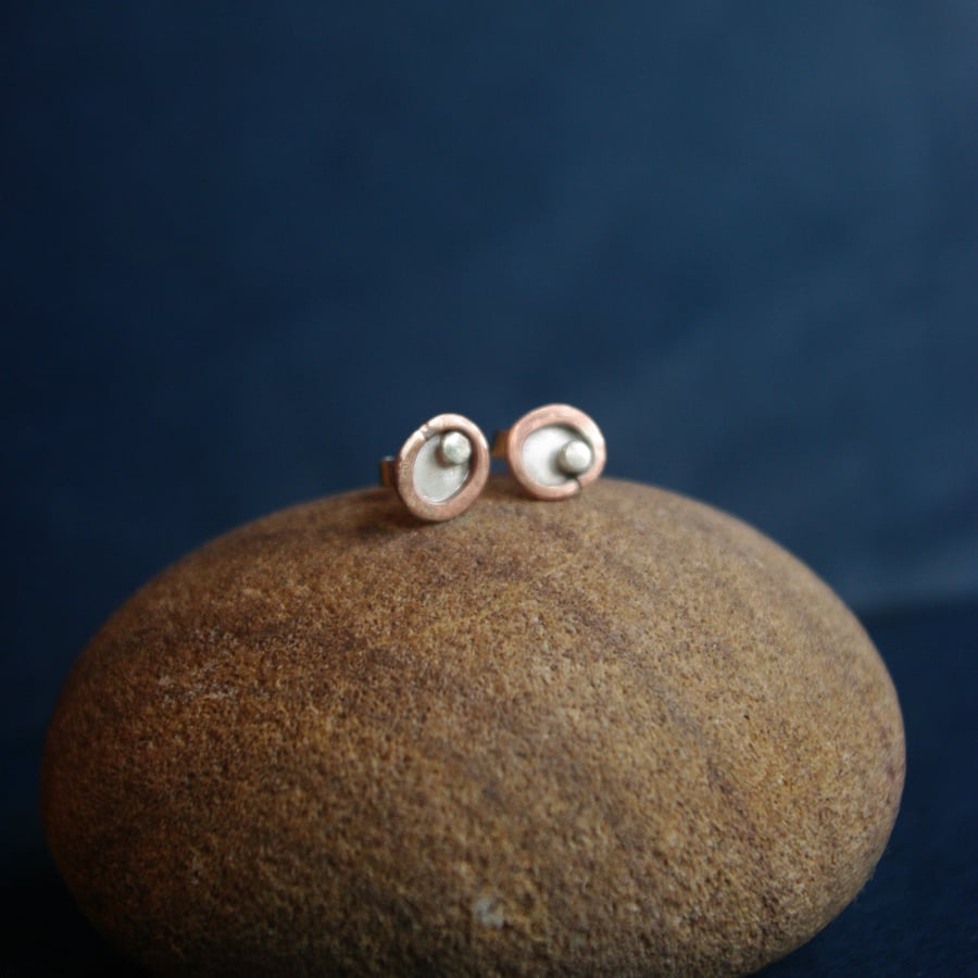 Small Silver and Copper Dew Drop Stud Earrings