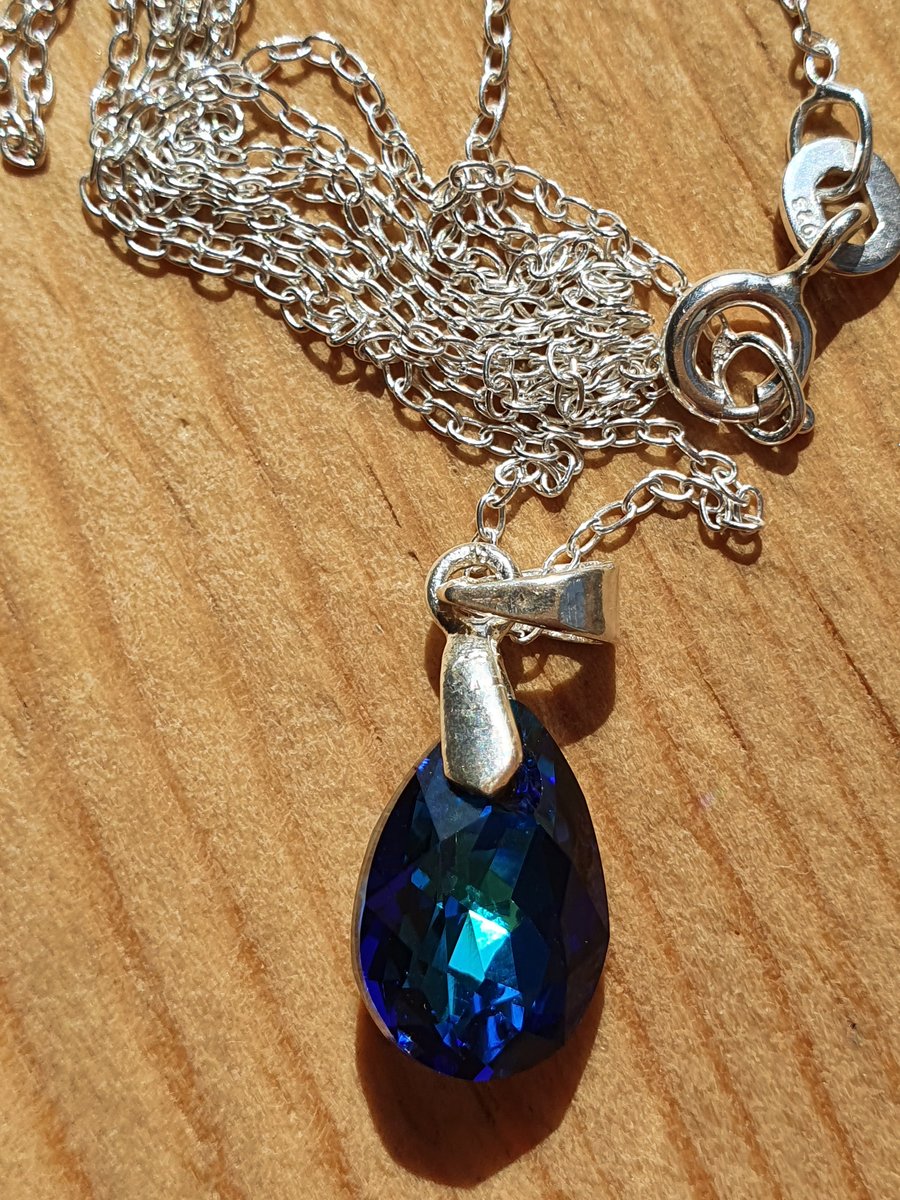 Swarovski Crystal Bermuda Blue Pear Cut 11.5mm Sterling Silver Pendant