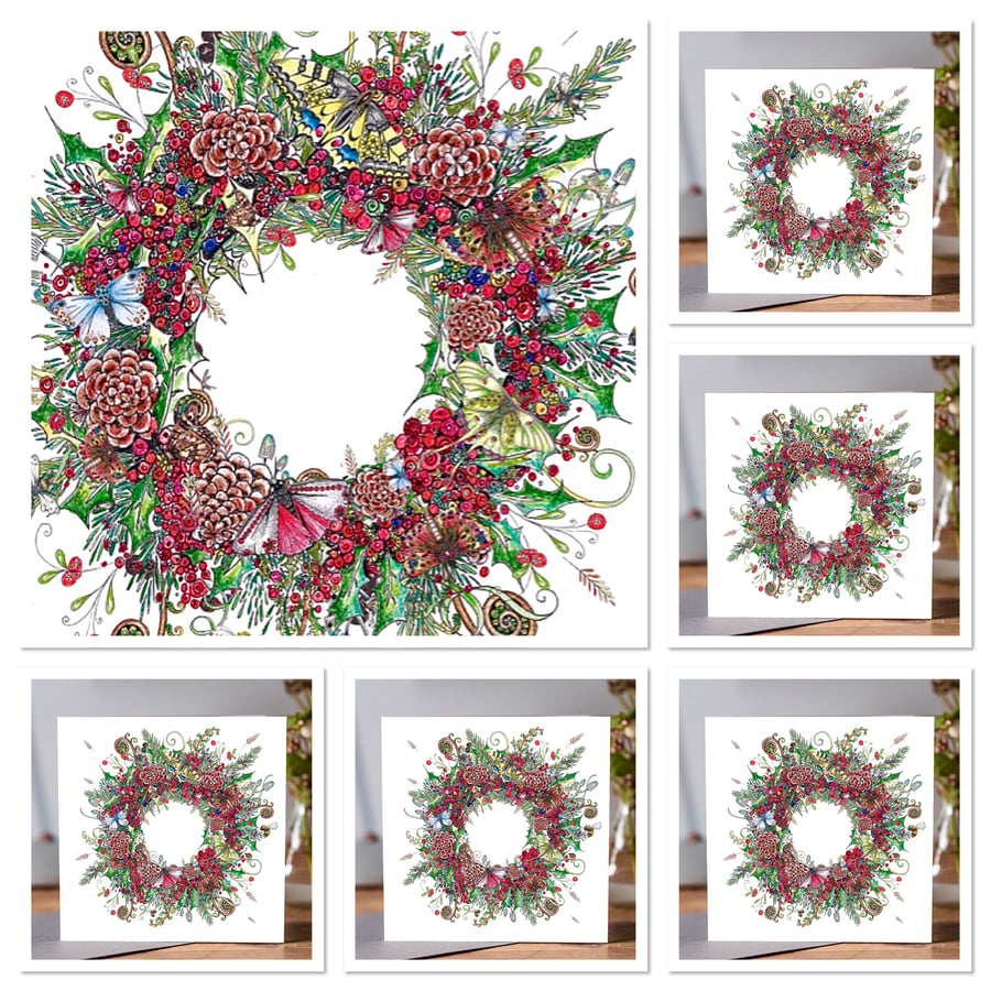 Winter solstice berry wreath greeting cards x 6