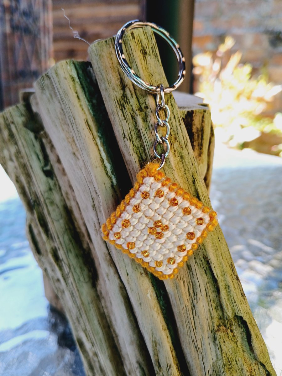 Key Ring, Embroidered with Beads on Plastic Canvas