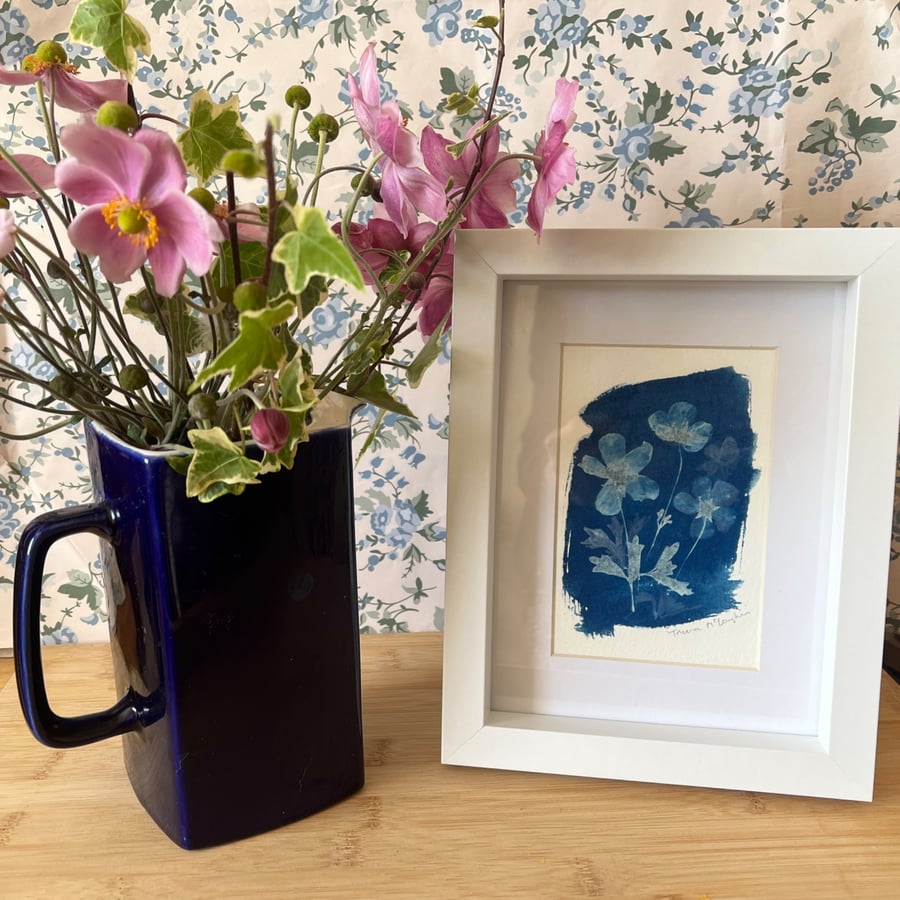 Original floral cyanotype print in a white mount, ready to frame. 