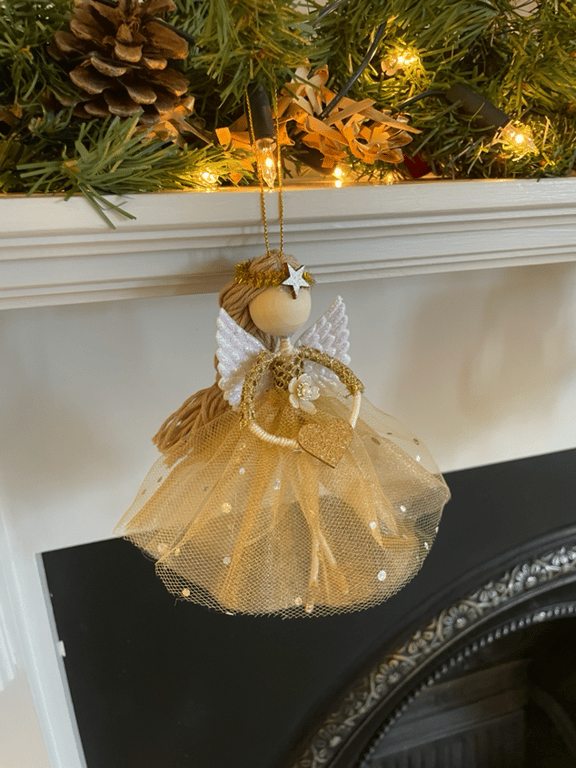 Beautiful handcrafted gold hanging xmas angel , xmas tree topper, guardian angel