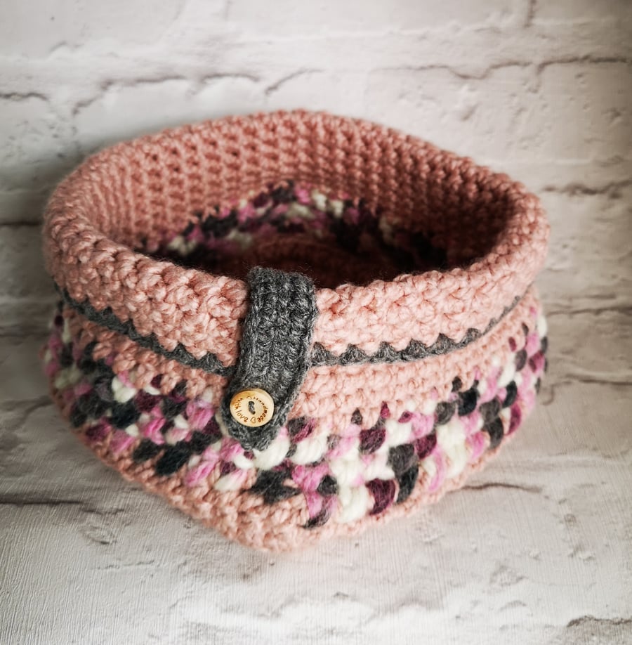 Crocheted Grey & Pink multi Basket          FREE P & P