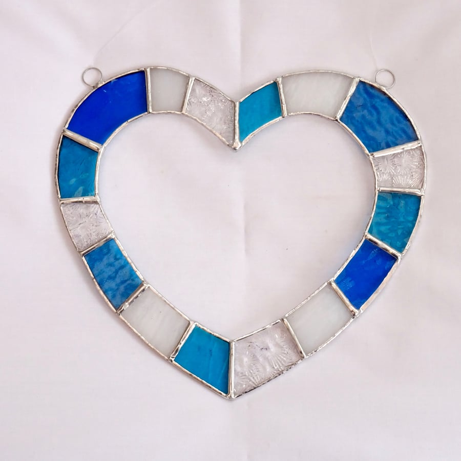 Heart Stained Glass Suncatcher Turquoise White Clear Handmade Hanging Decoration