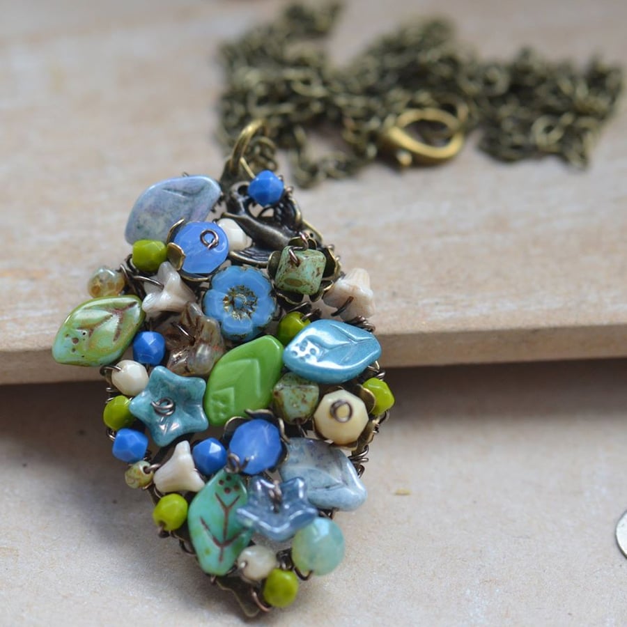 Czech Bead Blue, Green & Cream Wire Wrapped Pendant Necklace