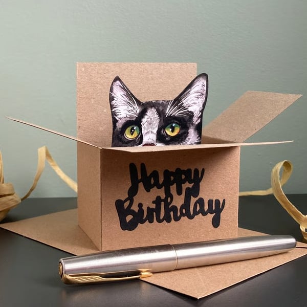 Tuxedo Cat Card; Birthday or Personalised. Cat in a box gift card holder