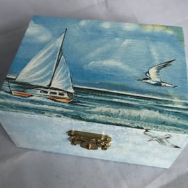 Decorated Box Seaside Ocean Sailing Boat Sea Gulls Wooden Storage Jewellery 