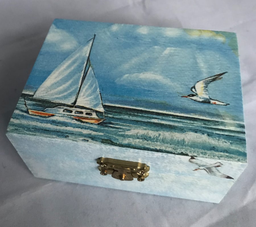Decorated Box Seaside Ocean Sailing Boat Sea Gulls Wooden Storage Jewellery 