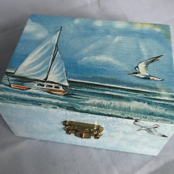 Decorated Box Seaside Ocean Sailing Boat Sea Gulls Wooden Storage Jewellery 