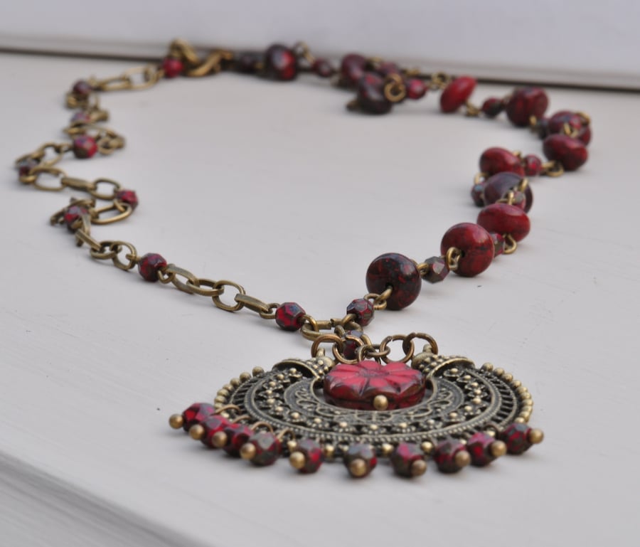 Scarlet Moon Red Czech Glass & Jasper Bead Necklace ONE DAY SALE