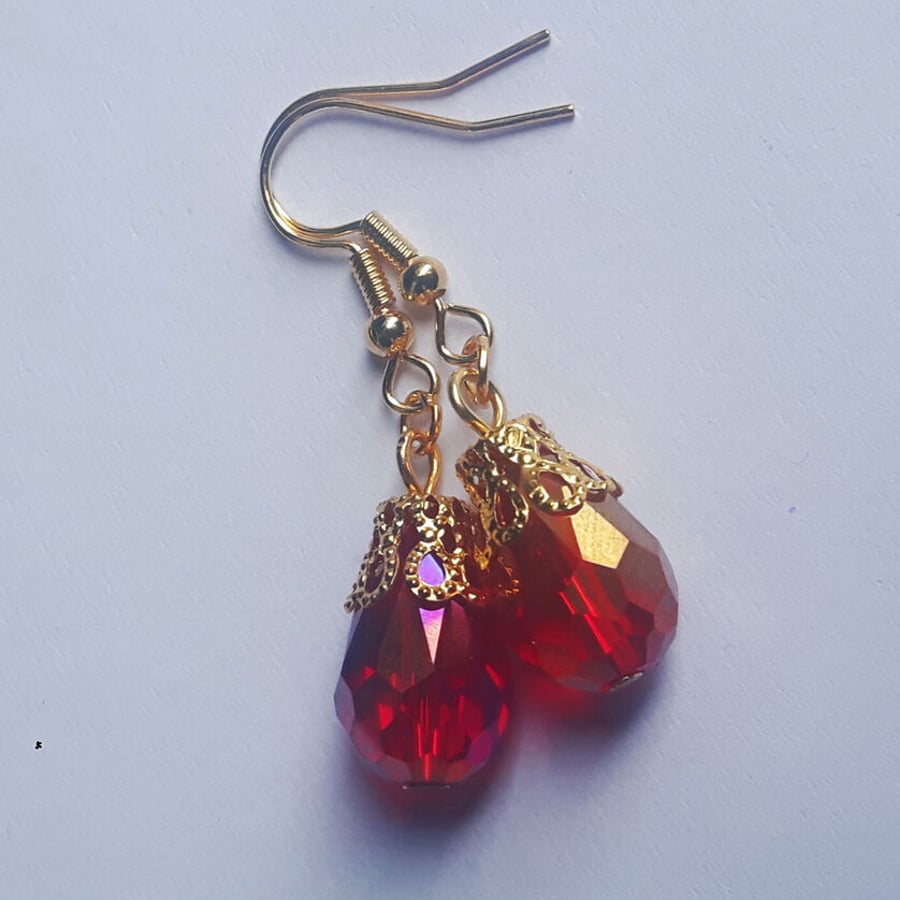 Red Crystal Gold Plate Teardrop Earrings
