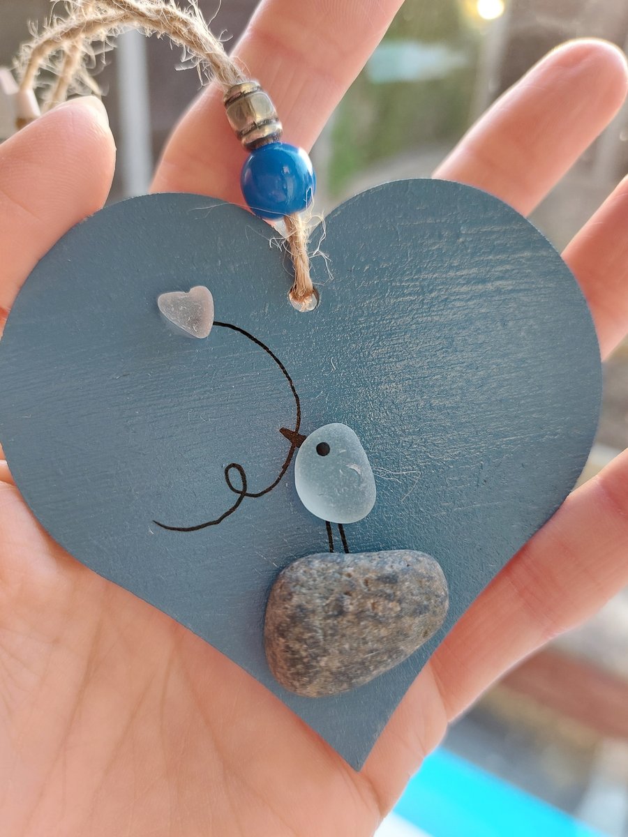8cm Hand Painted Blue Heart, Hanging Decoration, Sea Glass, Pebbles