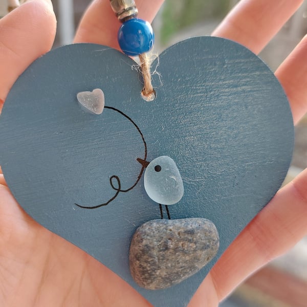 8cm Hand Painted Blue Heart, Hanging Decoration, Sea Glass, Pebbles