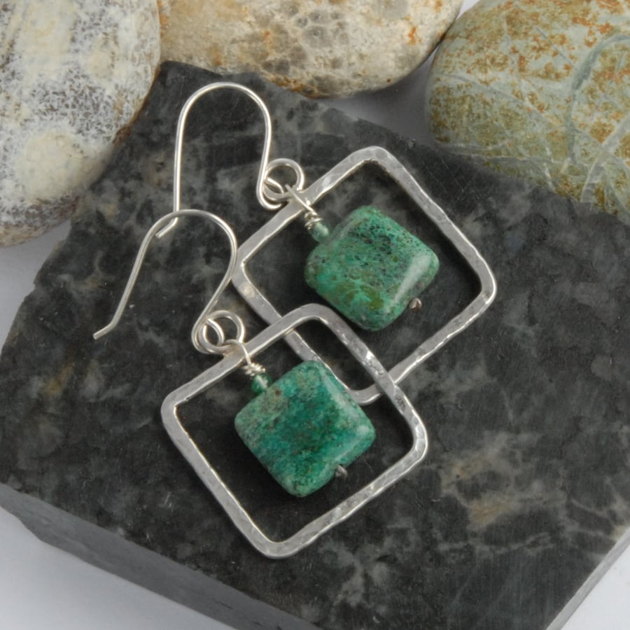 Sterling silver and chrysocolla square frame drop earrings - textured