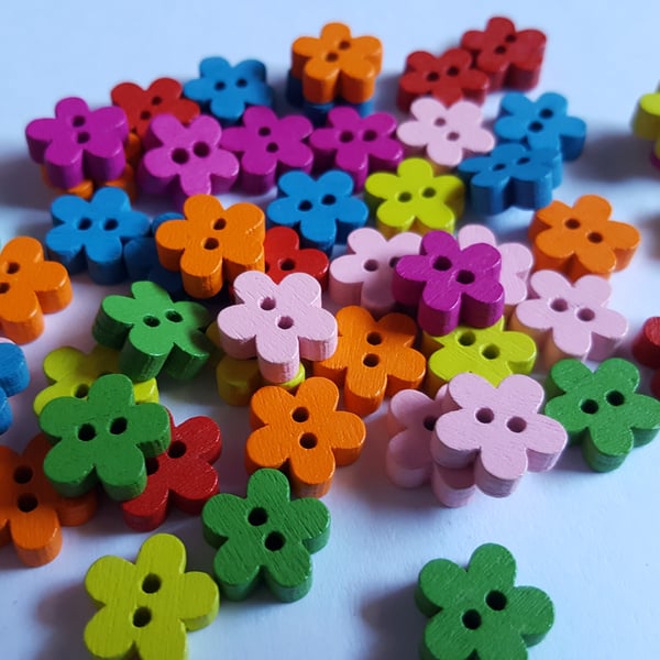 30 x 2-Hole Painted Wooden Buttons - 11mm - Flower - Mixed Colour 