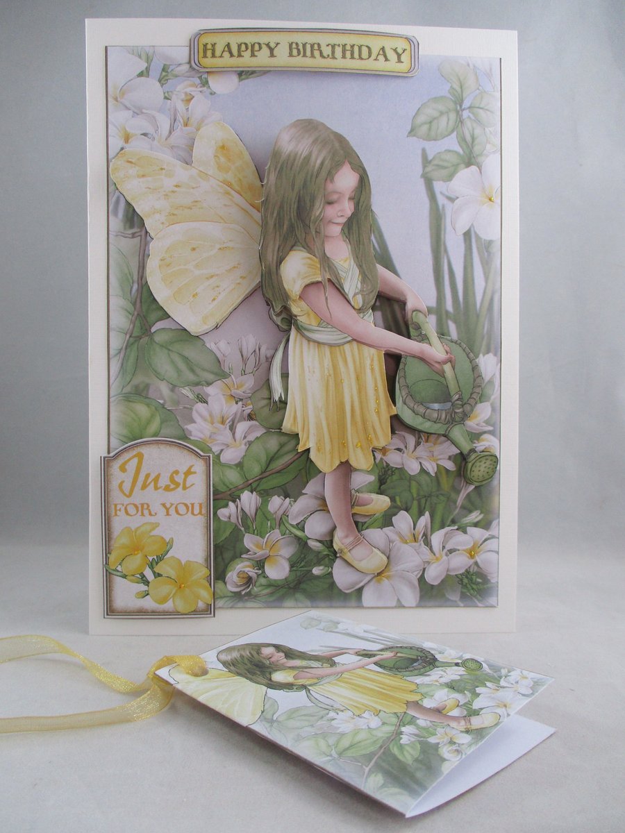 Handmade Decoupage, 3D  Fairy Birthday Card, Yellow, Personalise