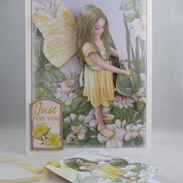 Handmade Decoupage, 3D  Fairy Birthday Card, Yellow, Personalise