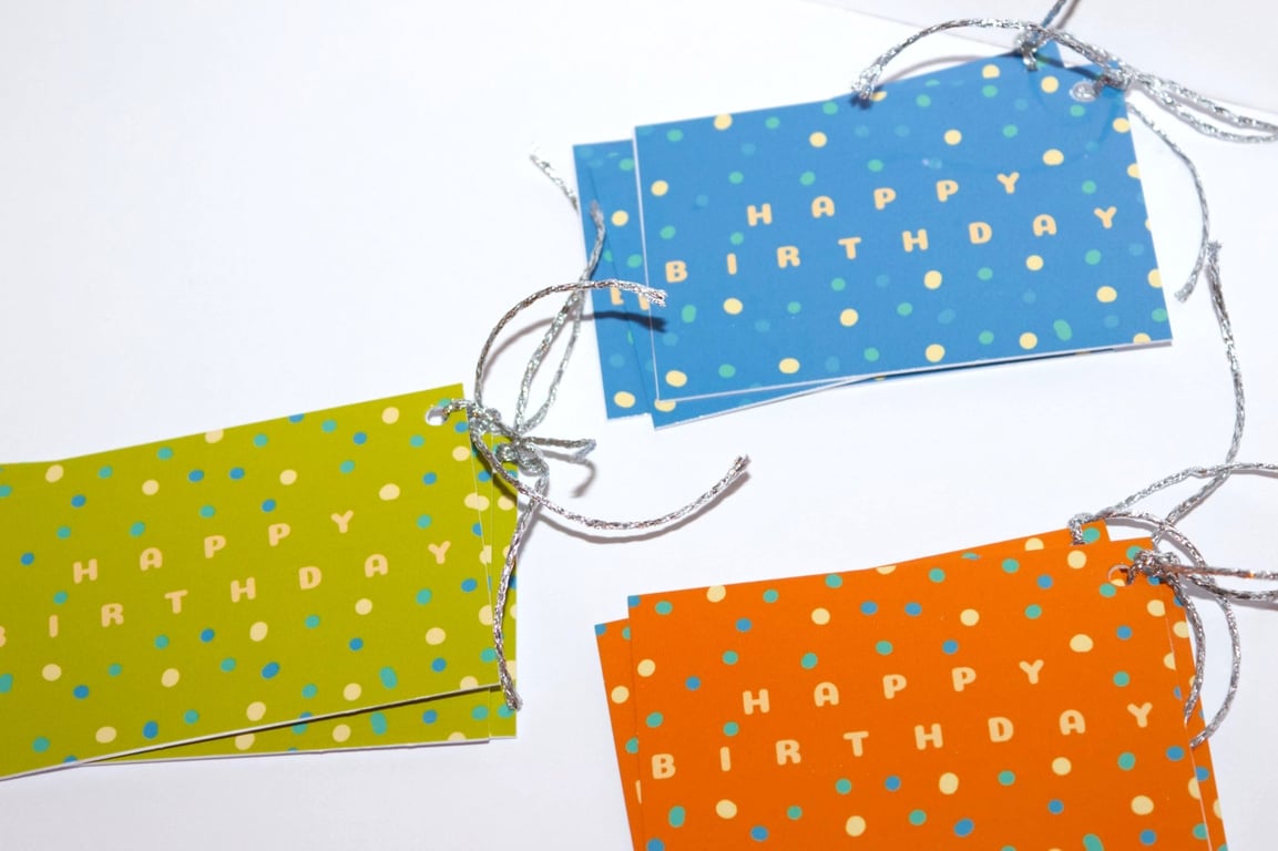 9 Spotted birthday gift tags, orange, blue, green.  gift wrapping accessory