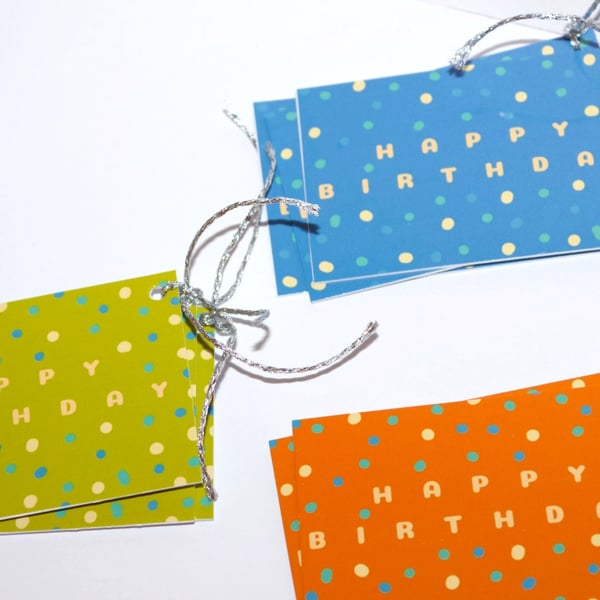 9 Spotted birthday gift tags, orange, blue, green.  gift wrapping accessory