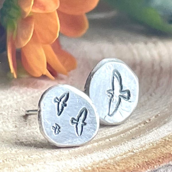 Bird print recycled silver pebble studs