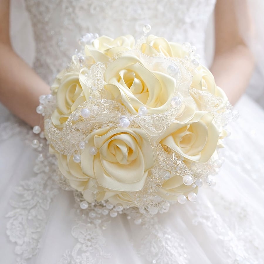 Unique Cream & White Satin Roses & Pearl Large Bridal Wedding Bouquet