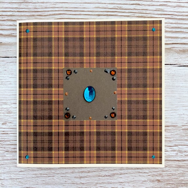 Handmade birthday card - tartan and topaz with aquamarine OOAK