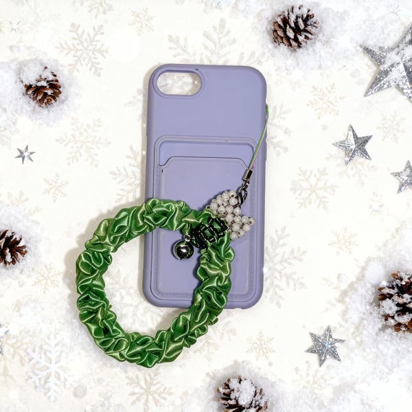Handmade Green Satin Ribbon Beaded Phone Strap with Bell Accent