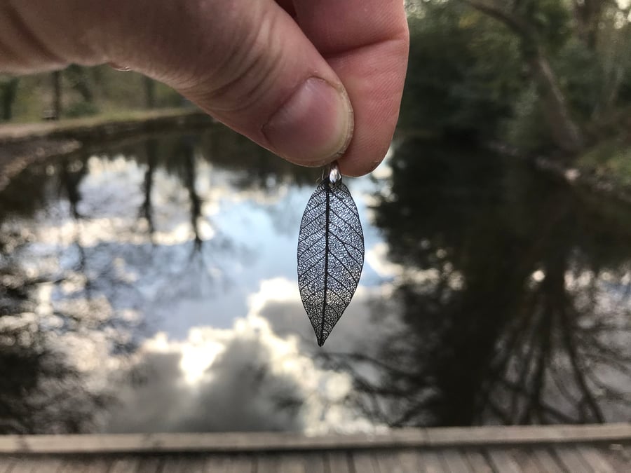 Skeleton leaf pendant, rhodium electroform 419