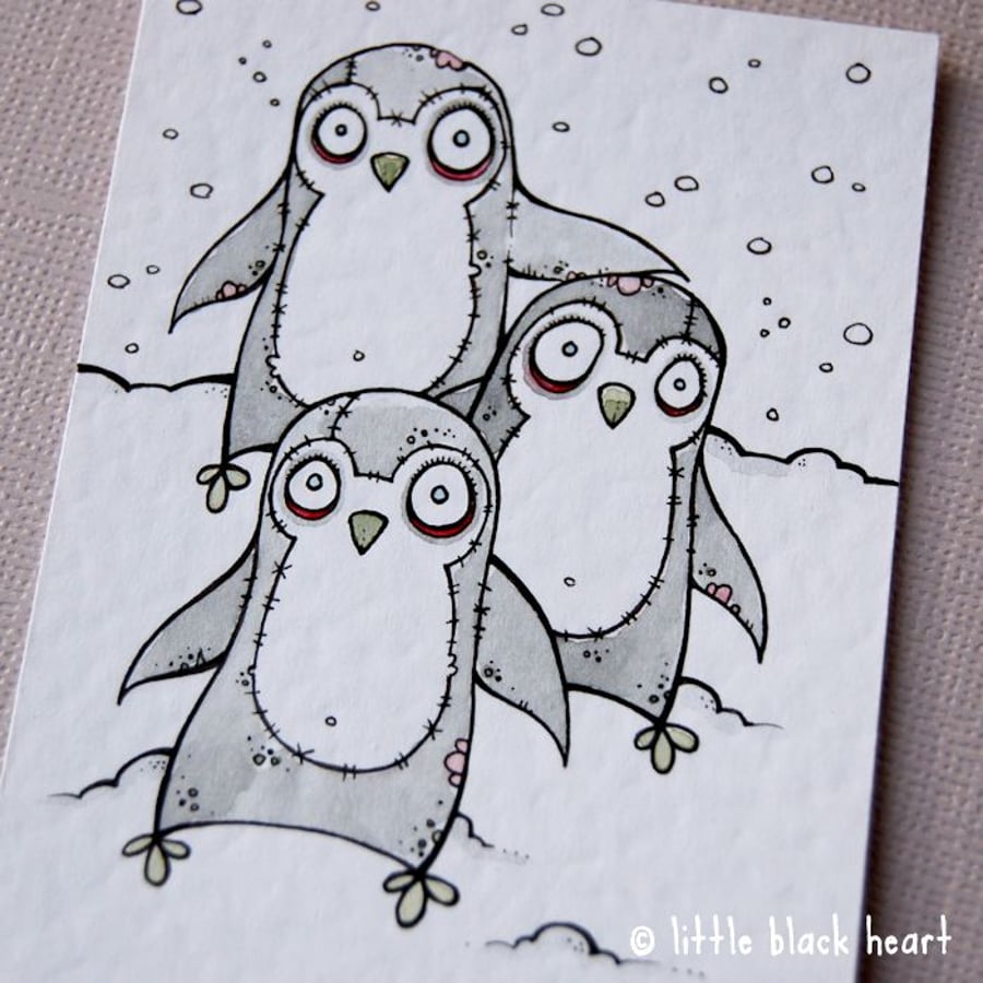 zombie penguin trio - original aceo