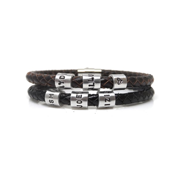 Personalised Leather Bracelet with Three Hand Stamped Rings -  - Free Delivery