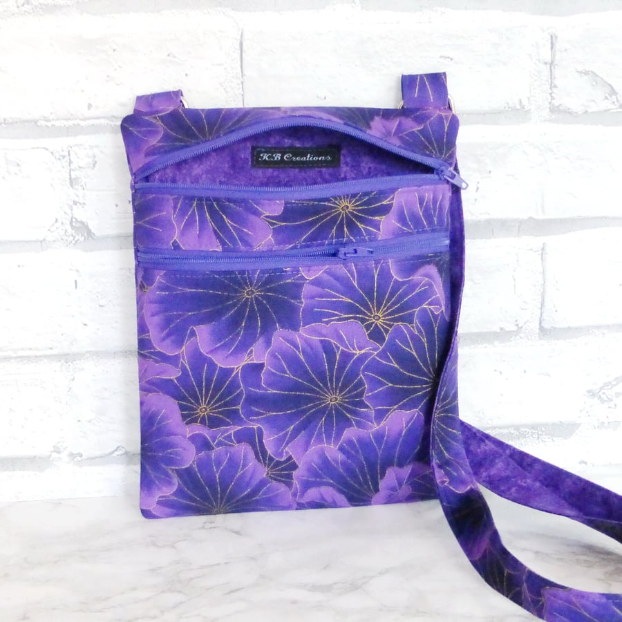 Cross body bag, double zipped, purple floral.