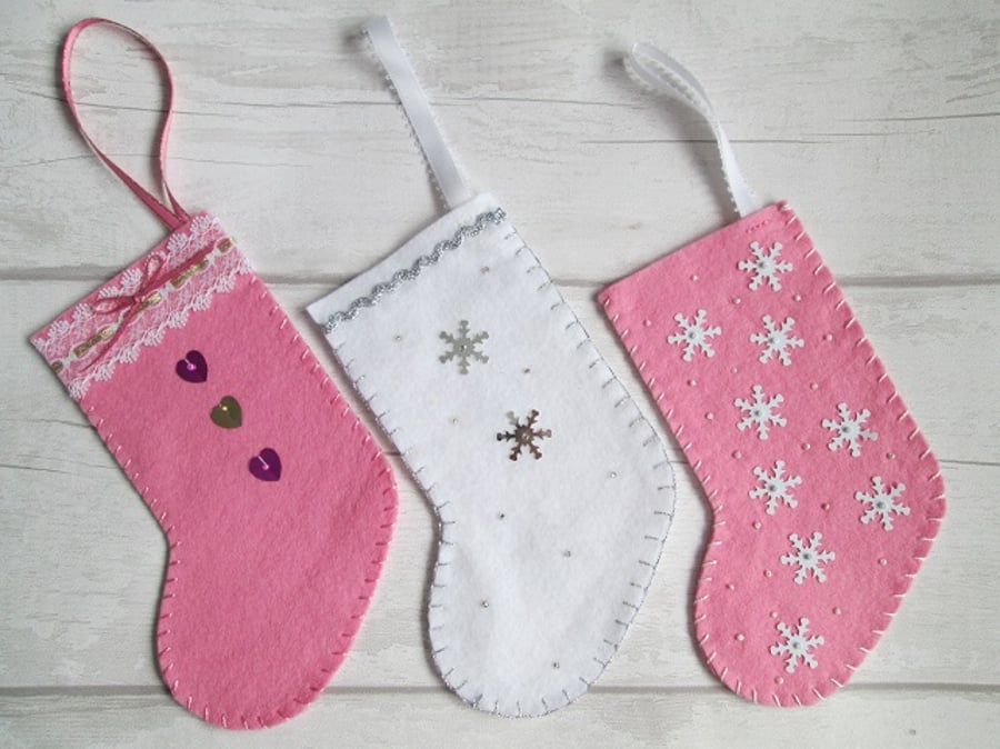 SALE - Trio of Small Christmas Stockings in Pink and White