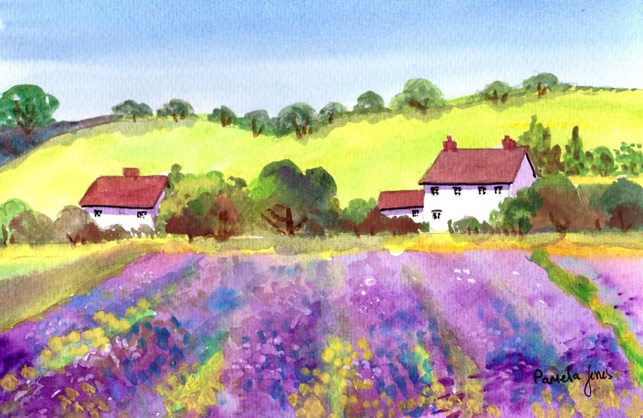 Cotswolds, Lavender Farm, Watercolour Print A3 -  in 20 x 16 '' Mount