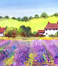 Cotswolds, Lavender Farm, Watercolour Print A3 -  in 20 x 16 '' Mount - Image 1