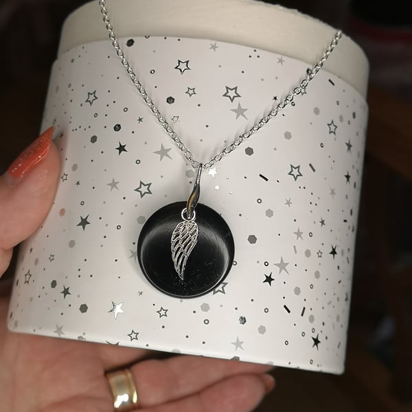 Woodturned Black Acrylic Pendant with Angel wing overlay charm