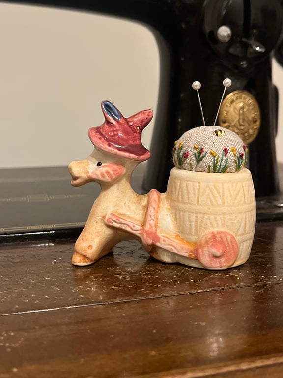 Donkey pincushion embroidered flowers and bee