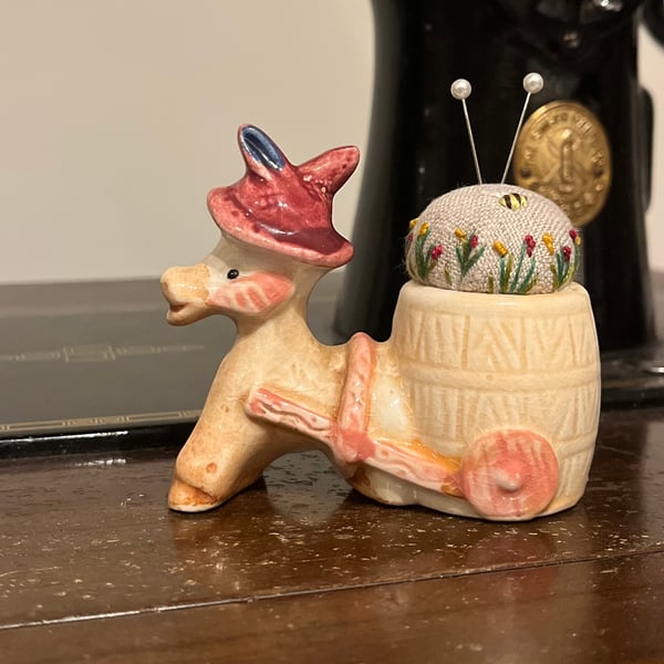 Donkey pincushion embroidered flowers and bee