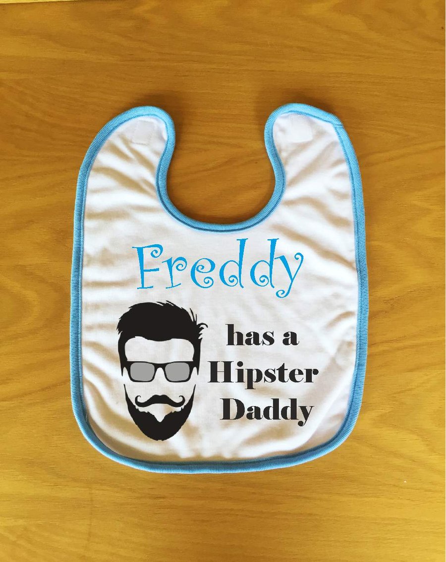 Baby Bib, Hipster Daddy, personalised with Pink or Blue trim and name