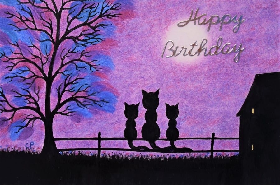 Cat Birthday Card, Daughter Card, Purple Kitten Card, Mother Twin Black Cat Card