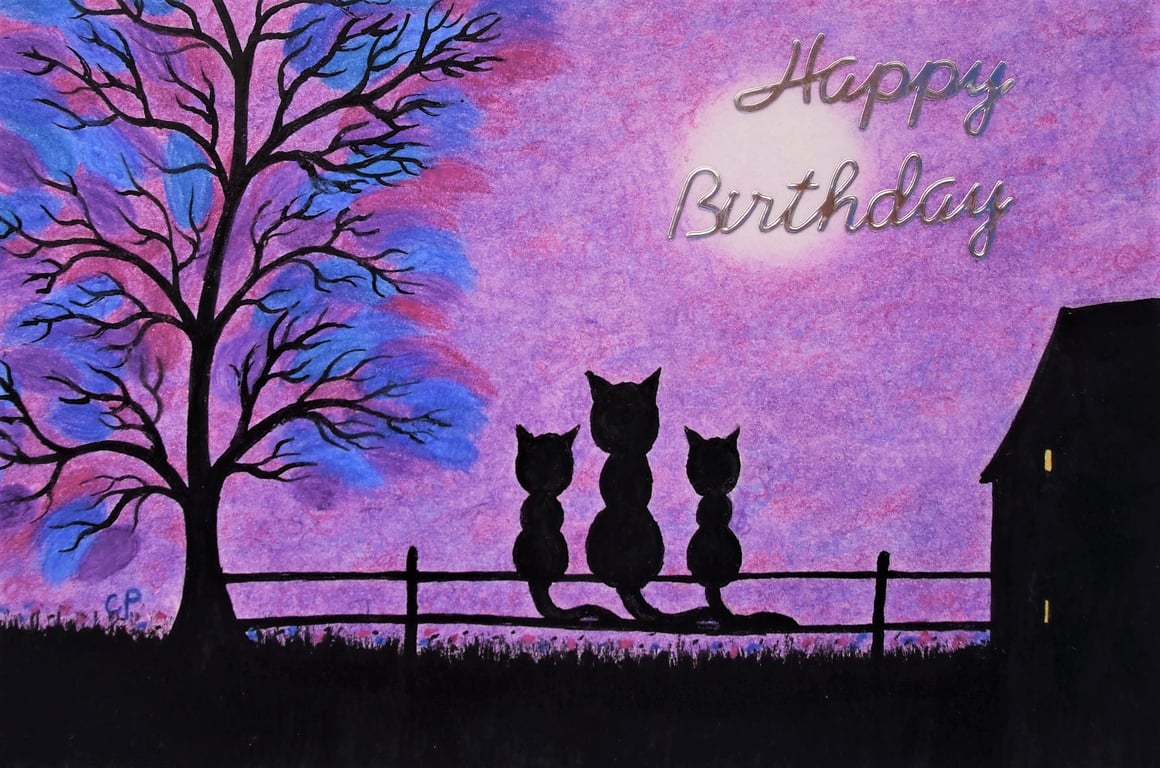 Cat Birthday Card, Daughter Card, Purple Kitten Card, Mother Twin Black Cat Card