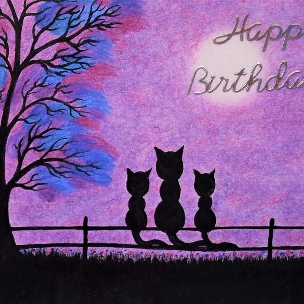 Cat Birthday Card, Daughter Card, Purple Kitten Card, Mother Twin Black Cat Card