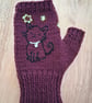 Dark Raspberry Pink Hand Knitted Gloves With Embroidered Cat (J182) - Image 4