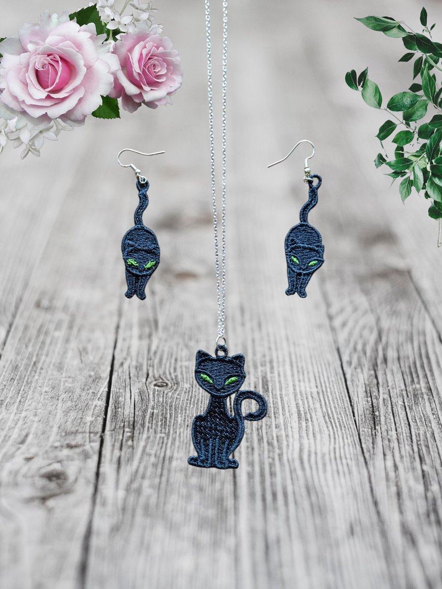 Black Cat Jewelry Set  - Exquisite Embroidered Lace Necklace & Ea