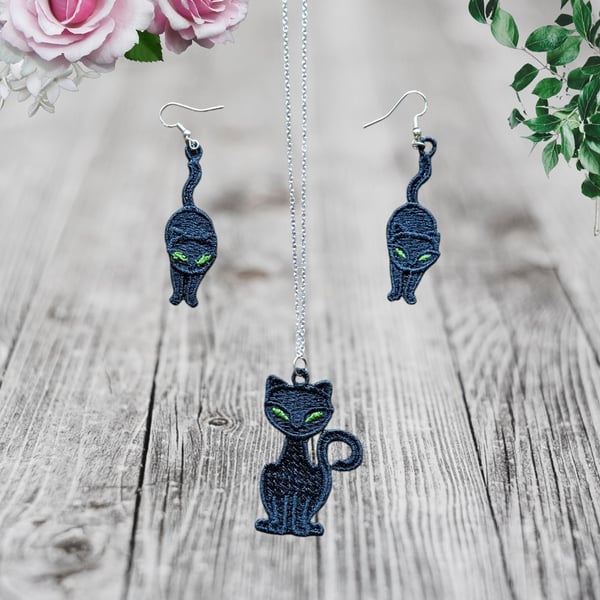 Black Cat Jewelry Set  - Exquisite Embroidered Lace Necklace & Ea