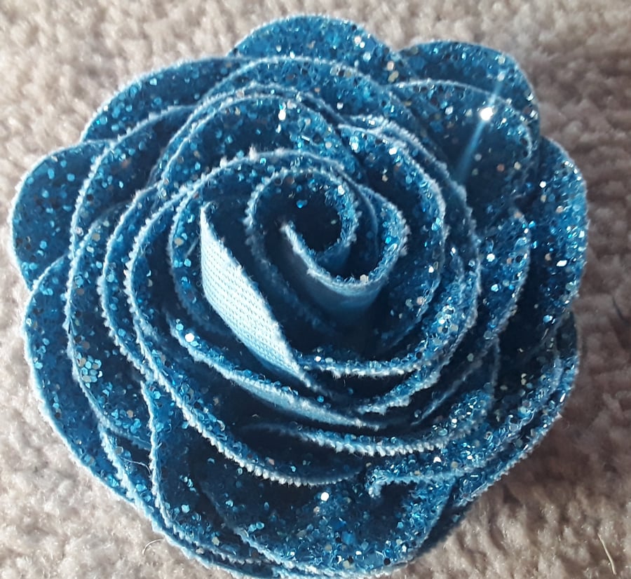 Homemade Blue glitter Rose Brooch