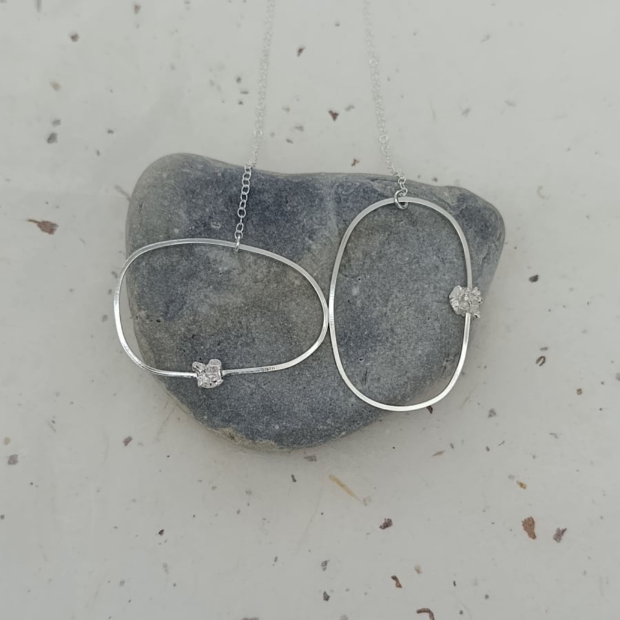 Sterling Silver Shaped Wire And Silver Rock Necklace 