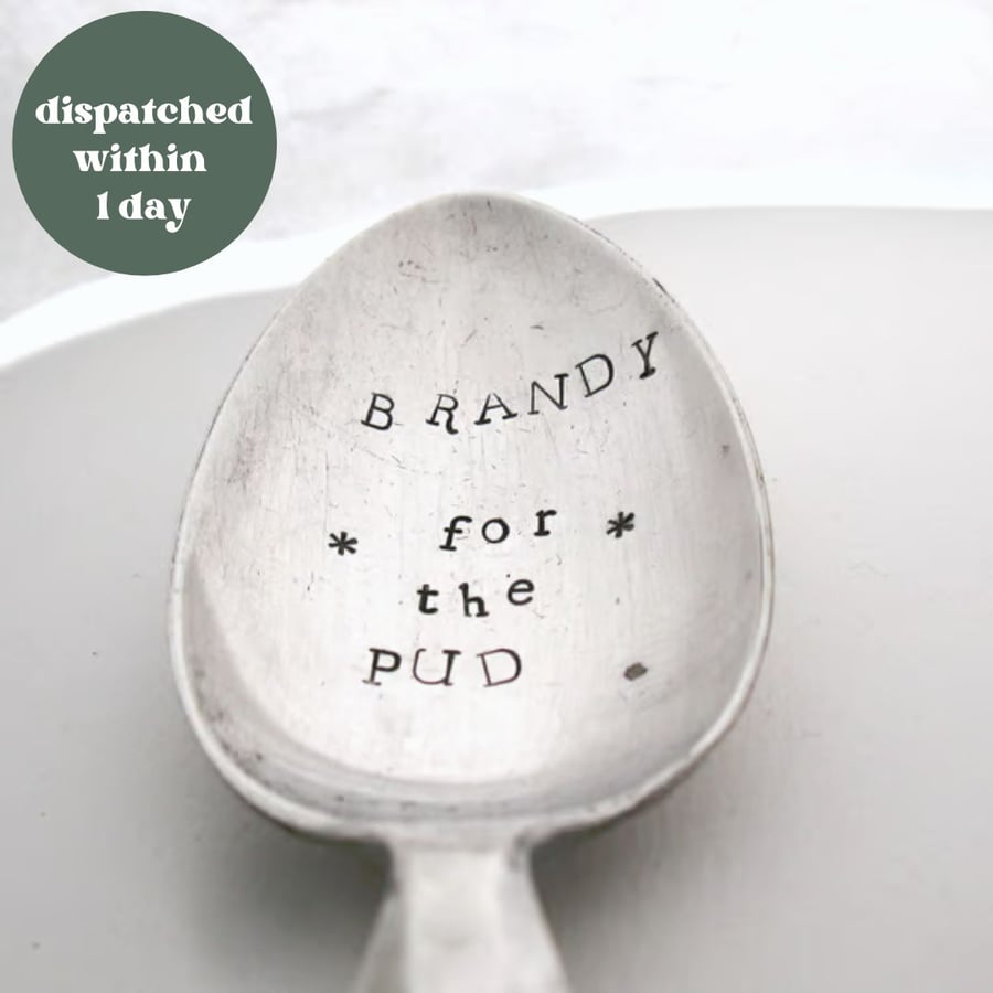 Brandy Spoon, Handstamped Vintage Dessertspoon, Christmas Pudding Spoon